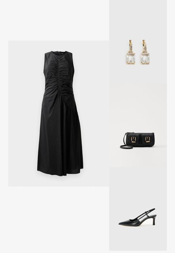Čierne bezramienkové šaty so skladanými detailmi, priliehavým korzetom, áčkovou sukňou a bočným zipsovým zapínaním. Vyrobené z hladkej, ľahkej látky.; Čierne patentové slingback topánky na ihlovom podpätku s špicatou špičkou, s textúrovaným hadím vzorom, nastaviteľným popruhom a krátkym, textúrovaným blokovým podpätkom.; Čierna kožená crossbody taška s dvoma prednými vreckami, zlatými sponami, zipsovým uzatváraním a úzkym popruhom. Štruktúrovaný povrch a kompaktný obdĺžnikový tvar.; Náušnice v zlatej farbe, ktoré majú obdĺžnikový, transparentný kryštál visiaci pod radom malých, guľatých, čírych akcentov. Elegantný, moderný dizajn.