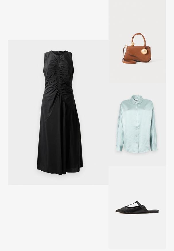 Zwarte mouwloze jurk met geplooide details, een getailleerde buste, een A-lijn rok en een rits aan de zijkant. Gemaakt van gladde, lichte stof.; Lichtblauwe overhemdd die gemaakt is van een glanzende, zachte stof; heeft een kraag, lange mouwen en een afgeronde zoom met een ontspannen pasvorm.; Zwarte leren slingback schoen met een puntige neus, voorzien van een gevlochten accent en geplooid ontwerp aan de bovenkant. Platte zool met minimale hardware.; Bruine leren handtas met een golvende uitstraling, voorzien van twee ronde gouden accenten en een afneembare schouderriem voor veelzijdig dragen.