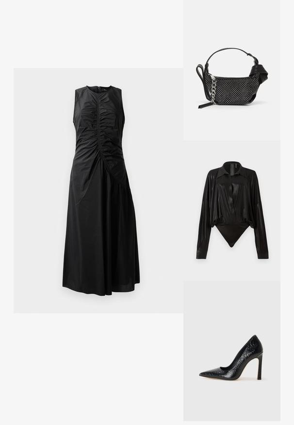 Fekete, ujjatlan ruha, ráncolt részletekkel, testhez simuló felsőrészsel, A vonalú szoknyával és oldalsó cipzárral. Simogatós, könnyű anyagból készült.; Fekete egyrészes ruházat hosszú ujjakkal, V-kivágással és testhez simuló fazonnal. Fényes, sima anyagból készült, strukturált gallérral és mandzsettákkal.; Fekete hegyes orrú magassarkú cipő krokodilbőr textúrával, letisztult dizájnnal, magas tűsarkú és sima fekete belső résszel.; Fekete kézitáska szegecses díszítéssel, láncos pánttal és sima bőr fogantyúval, lekerekített formával és cipzáras rekesszel.