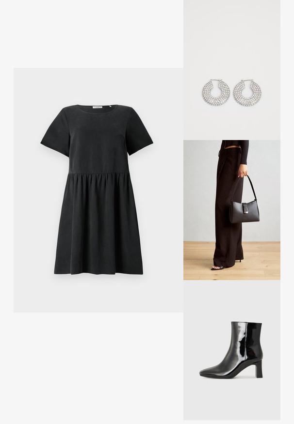 Vestido negro de manga corta con escote redondo, tela texturizada y cintura fruncida, que crea una silueta acampanada.; Botín de charol negro con punta afilada y un tacón de bloque de altura media. Textura suave y diseño minimalista.; Bolso negro con forma estructurada, textura suave y un cierre metálico. Combinado con pantalones anchos negros y sandalias de dedo en un suelo de madera.; Aros de plata en forma de aro adornados con múltiples embellishments de cristal transparente, con una superficie texturizada y un diseño circular abierto.