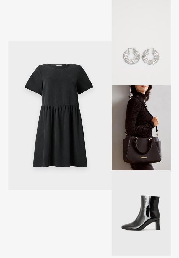 Schwarzes Kurzarmkleid mit einem runden Halsausschnitt, strukturiertem Stoff und einer gerafften Taille, die eine ausgestellt Silhouette schafft.; Schwarzer Lackleder-Stiefelette mit spitzer Zehe und einem mittelhohen Blockabsatz. Glatte Textur und minimalistisches Design.; Schwarze Handtasche mit strukturierten Oberflächen, doppelten Obergriffen und verstellbarem Schultergurt. Mit goldfarbener Hardware und Seitentaschen.; Silberne Creolen, verziert mit mehreren klaren Kristallverzierungselementen, mit einer strukturierten Oberfläche und einem offenen, kreisförmigen Design.