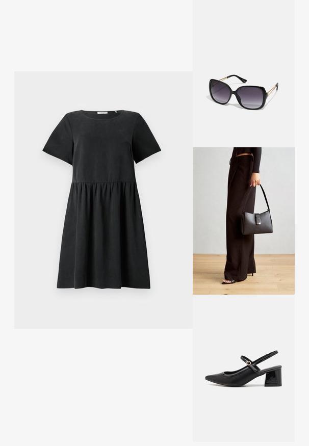 Rochie neagră cu mâneci scurte, gât rotund, material texturat și talie plisată, creând o siluetă clasică.; Cizme cu toc slingback din piele sintetică lacuită neagră, cu vârful ascuțit, un design cu decupaj rotunjit și toc bloc. Include un accent cu cataramă de culoare aurie.; Ochelari de soare negri, supradimensionați, cu lentile degradate, rame groase și detalii cu lanț de ton auriu pe brațele templului.; Genți negre cu o formă structurată, textură netedă și un închizător metalic. Asortată cu pantaloni negri largi și sandale cu vârf deschis pe un podea din lemn.