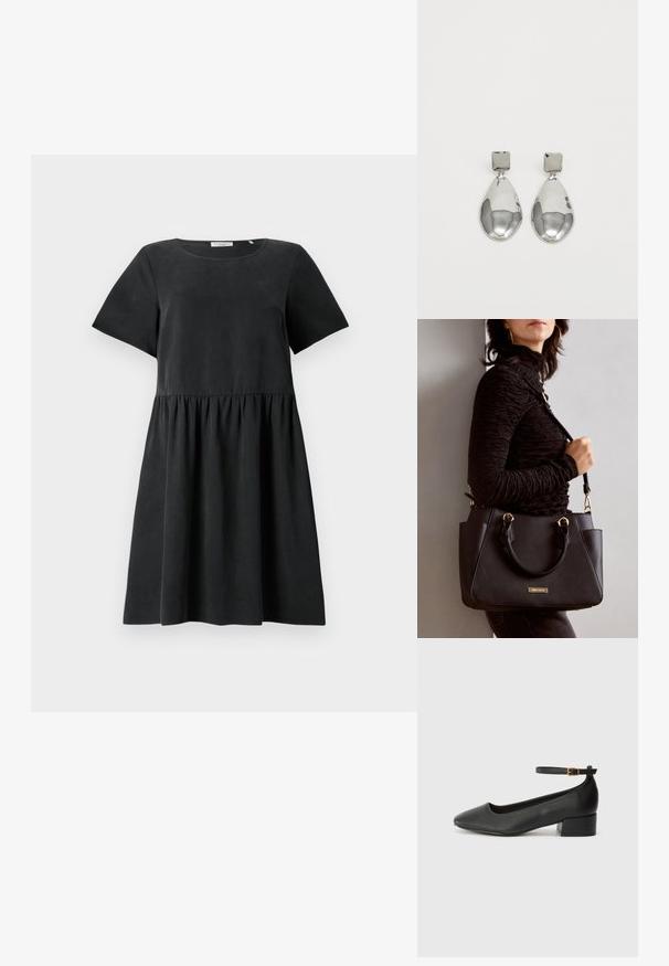 Fekete, rövid ujjú ruha kerek nyakkivágással, textúrált anyagból, ráncolt derékkal, ami bővülő sziluettet eredményez.; Fekete bőr magassarkú cipő hegyes orral és alacsony tömb sarkal. Bokapánttal rendelkezik, aranyszínű csattal. Simább textúra.; Fekete kézitáska texturált felülettel, dupla felső fogantyúval és állítható vállpánttal. Arany színű fém kiegészítők és oldalsó zsebek találhatók rajta.; Ezüst csepp fülbevalók négyzet alakú fülbevalóval, sima, fényes felülettel és csepp formával, amely fényt tükröz egy fényes felületen.
