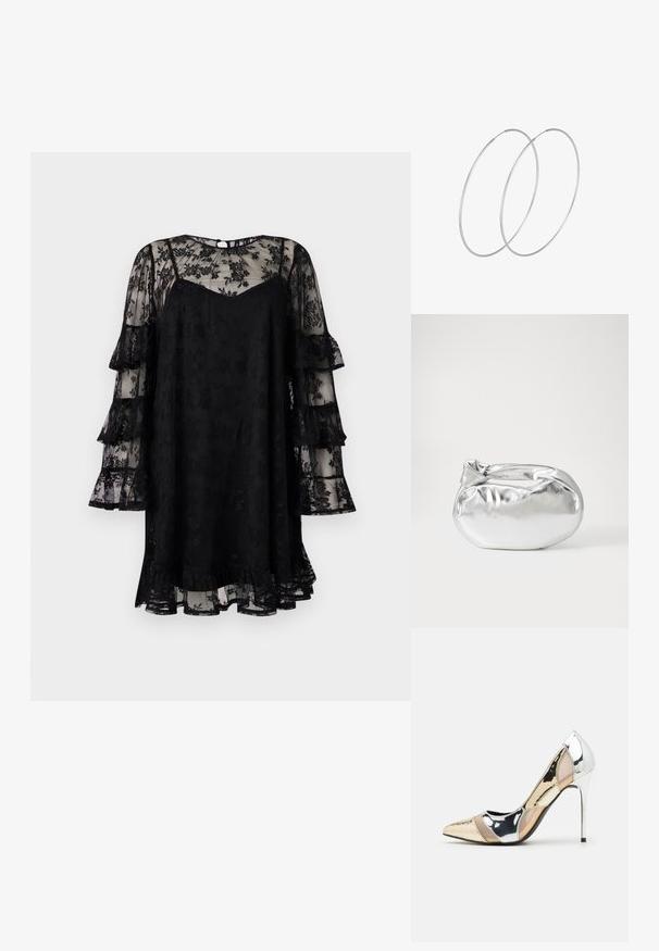 Juodos nėriniuotos suknelės su sluoksniuotomis varpo formos rankovėmis, permatomu gėlių raštu ir banguotomis apdailomis. Minkšta tekstūra su subtiliu blizgesiu. Užsegimas su skylute nugarėlėje.; Aštrus pirštas aukštakulnis batelis su sidabro, aukso ir nuogų spalvų deriniu. Blizgus paviršius su išpjovos dizainu, su stiletto kulnu.; Sidabrinė metalinė maišelio forma su švelnia, apvalia forma ir mazgu užveriamu viršumi. Pagaminta iš lygios dirbtinės odos medžiagos.; Sidabrinės pusmėnulio auskarai minimalistiniu dizainu. Apskritimo forma, lygus paviršius ir plonas profilis. Lengvi su poliruotu apdailu.