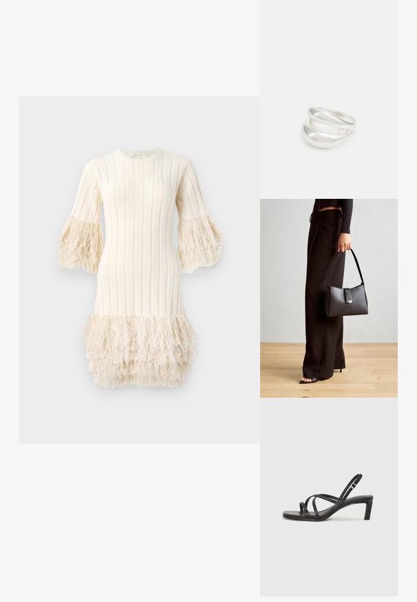 Cimdiņu kleita krēmkrāsā, ar vertikāliem ribām, izplestām piedurknēm ar frizūras detaļu un frizētu apakšu. Mīksta tekstūra ar strukturētu siluetu.; Melnas strappy sandales ar kvadrātveida purngaliem un zemu bloku papēdi. Ievērojamas ar vairākiem plāniem siksniņām un regulējamu potītes siksniņu. Izgatavotas no gludas ādas.; Melnā somiņa ar strukturētu formu, gludu tekstūru un metālu sprādzi. Saskaņota ar platām melnām biksēm un sandālēm ar atvērtu purngalu uz koka grīdas.; Sudraba divu joslu gredzens ar gludu, pulētu virsmu. Iezīmējas ar plūstošu, izliekta dizaina struktūru ar pārklājošām sekcijām modernam izskatam.