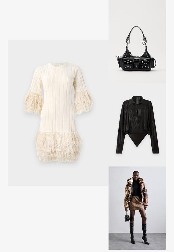 Cimdiņu kleita krēmkrāsā, ar vertikāliem ribām, izplestām piedurknēm ar frizūras detaļu un frizētu apakšu. Mīksta tekstūra ar strukturētu siluetu.; Melnā bodijakā ar garām piedurknēm, V-veida kaklu un pieguļošu siluetu. Izgatavots no spīdīga, gluda auduma ar strukturētu apkakli un aprocēm.; Puffa jaka ar brūnu un melnu rakstu, kombinēta ar brūnu čūskas raksta mini svārkiem, melniem līdz ceļgala zābakiem un mazu melnu somiņu.; Melnas ādas rokturmais ar izliekumu, ar sudraba iedurtiem, sprādzi un divām sānu kabatām. Regulējams siksniņas garums dažādām nēsāšanas iespējām.