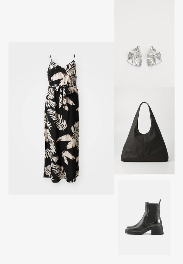 Juodas maxi suknelė iš audinio su gėlių lapų raštu kreminės ir burgundinės spalvos. Savybės: plonos spaghetti petnešos ir surišta liemenėlė.; Juodos odinės kulkšninių botai su lygia apdaila, elastingais šonais ir storu kulnu. Yra vilkimo kilpa, skirta patogesniam apsiaustui.; Juoda odinė rankinė su išlenktu užtrauktuku, pailga trigubos formos ir glotnia paviršiumi. Pasižymi minimalistiniu dizainu be matomų detalių.; Sidabriniai metaliniai Auskarai su banginiu, skulptūriniu dizainu, pasižymintys poliruotu paviršiumi ir nereguliariomis formomis, išryškinančiomis šiuolaikišką estetiką.