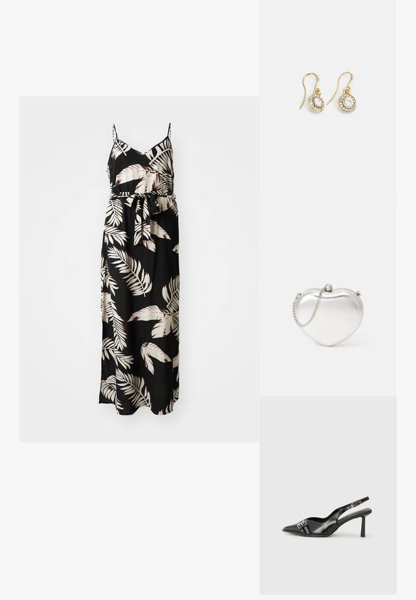 Maxi haljina od crne tkanine s cvjetnim uzorkom listova u krem i burgundcu. Ima tanke trakice i vezanu struk.; Crna lakirana slingback cipela s izduženim vrhom, remenčićima oko gležnja s srebrnim kopčama i dijelovima, te vitkim potplatom.; Clutch torba u obliku srca, metalik srebrne boje, sa glatkom teksturom, zatvaranjem na kopču i srebrnom lancem.; Zlatne naušnice s ovalnim prozirnim kristalima okruženim manjim prozirnim kamenčićima, s dizajnom na kuku za sigurno nošenje.