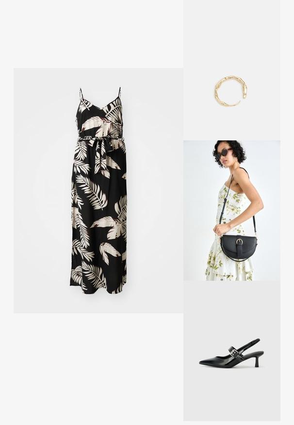 Juodas maxi suknelė iš audinio su gėlių lapų raštu kreminės ir burgundinės spalvos. Savybės: plonos spaghetti petnešos ir surišta liemenėlė.; Juodai lakuoti slingback aukštakulniai su smailiu kojų pirštu ir mažais blokiniais kulniukais, su sidabro sagtimi ant dirželio.; Juodas odinis krepšys su išlenkta forma, nuimamu dirželiu ir auksiniais detalėmis. Krepšys turi kilpą su sagtimi.; Auksinės spalvos žiedas, turintis organišką, sukimosi dizainą su lygiu paviršiumi ir siaurėjančiais galais, sukuriantis modernią skulptūrinę išvaizdą.