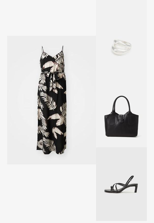 Maksimāla kleita melnā audumā ar krēmkrāsas un bordo ziedu lapu rakstu. Aprīkota ar plānām spaghetti siksnām un sasietu jostu.; Melnas strappy sandales ar kvadrātveida purngaliem un zemu bloku papēdi. Ievērojamas ar vairākiem plāniem siksniņām un regulējamu potītes siksniņu. Izgatavotas no gludas ādas.; Melnas ādas somiņa ar gludu tekstūru, strukturētu formu, divām rokturām un izteiktu sudraba sprādzi priekšpusē.; Sudraba divu joslu gredzens ar gludu, pulētu virsmu. Iezīmējas ar plūstošu, izliekta dizaina struktūru ar pārklājošām sekcijām modernam izskatam.