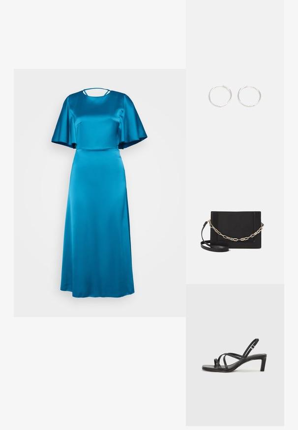 Dlhé, priliehavé šaty v jasne tyrkysovom saténe s okrúhlym výstrihom, krátkymi splývavými rukávmi a jemným vykrojením na chrbte.; Čierne sandále na vysokom podpätku so štvorcovou špičkou a nízkym blokovým podpätkom. Obsahujú viacero tenkých popruhov a nastaviteľný členkový popruh. Vyrobené z hladkej kože.; Čierna kožená crossbody taška s hladkou textúrou, obdĺžnikovým tvarom a kovovým reťazovým detailom na prednej strane. Súčasťou je nastaviteľný popruh.; Strieborné kruhové náušnice s elegantným, okrúhlym dizajnom, s hladkým povrchom a bez viditeľných ozdôb. Priemer nie je špecifikovaný.