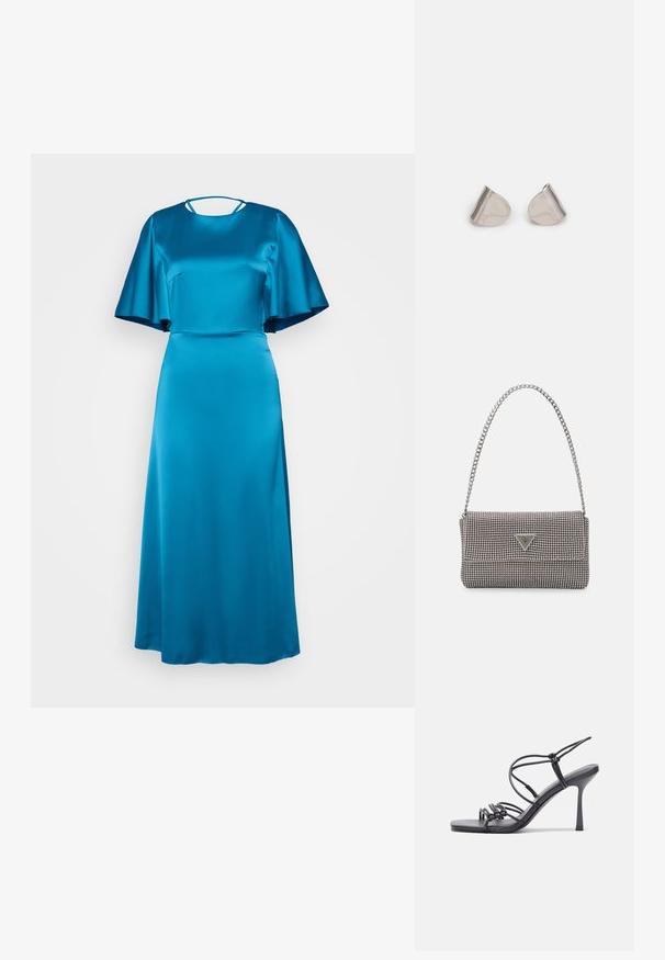 Dolga, prilegajoča obleka v svetlem turkiznem satenu s kružno izrezom, kratkimi ročnimi rokavi in subtilnim izrezom na hrbtu.; Črne visoke sandale na peto imajo tanke naramnice z vozlom, gladek kvadratni toe in eleganten stiletto peto.; Svetlo siva kovinska torbica z verižnim ročajem, okrašena z majhnimi okroglimi kovinskimi bleščicami in trikotnim logotipom blagovne znamke.; Srebrne uhane z gladko, kapljično obliko in poliranim finishem. Nežna graviranja dodajajo detajle. Minimalističen dizajn.