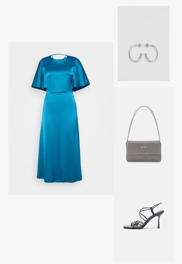 Garšs, pieguļošs kleitas modelis spilgti tirkīza krāsā no satīna, ar apaļu izgriezumu, īsām flutter piedurknēm un smalku atveri aizmugurē.; Melnas augstpapēžu sandales ar plāniem siksniņām un mezgla dizainu, gluda kvadrātveida purngalu un elegantu stiletto papēdi.; Gaiši pelēka metāla rokassoma ar ķēdes siksnu, rotāta ar mazām apaļām metāla kniedēm un trīsstūra zīmola logo.; Sudraba stīpas auskari ar gludu, spīdīgu virsmu, izceļas ar izliektaveida formu un aizdari ar tapu. Minimālistisks dizains ar mūsdienīgu apdari.
