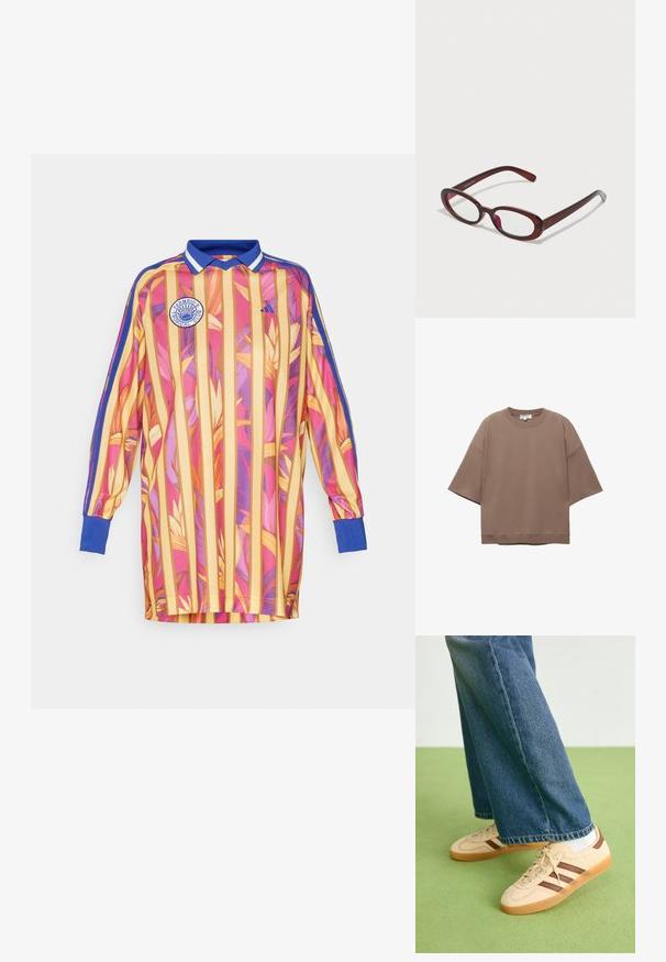Koszulka z długim rękawem w kolorze żółtym i różowym z pionowymi paskami oraz wzorami kwiatowymi. Posiada niebieski kołnierz i mankiety z logo na piersi.; Brązowy, oversize T-shirt, krótki rękaw, okrągły dekolt, wykonany z miękkiego materiału bawełnianego, charakteryzujący się prostym wzornictwem i minimalną ilością szwów.; Beżowe sneakersy z fakturowanymi kremowymi panelami i brązowymi paskami, w połączeniu z niebieskimi dżinsami. Dżinsy mają szerokie nogawki i postrzępione wykończenie.; Owalne czerwone okulary przeciwsłoneczne z przezroczystymi soczewkami i eleganckimi brązowymi oprawkami. Projekt charakteryzuje się subtelnymi krzywiznami i minimalną ilością elementów metalowych.
