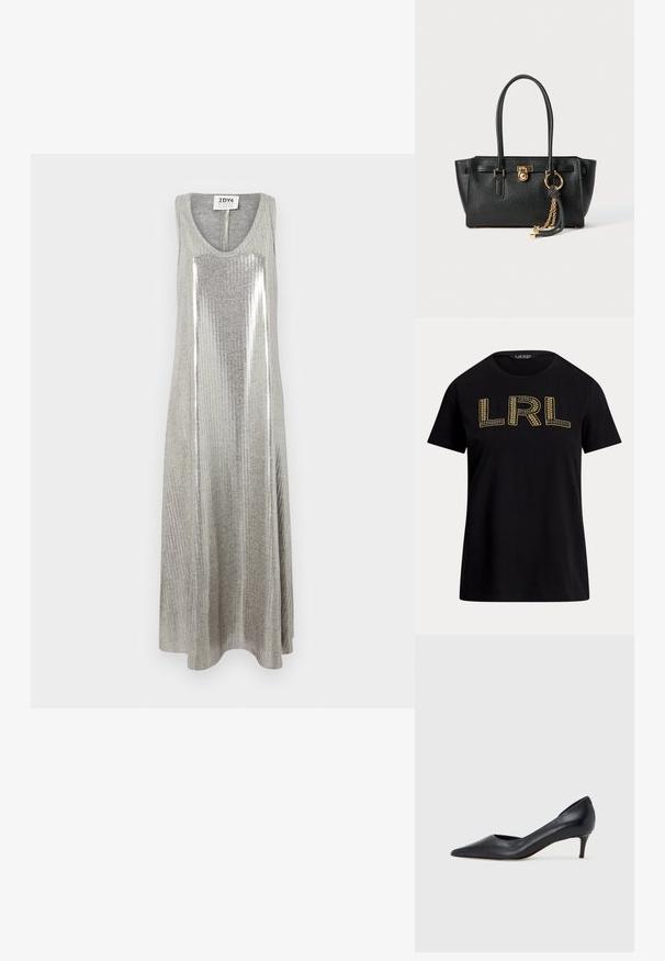 Vestido maxi cinza sem mangas com decote redondo, apresentando textura canelada vertical e detalhes prateados brilhantes no centro.; T-shirt de algodão preto com mangas curtas, apresentando o texto "LRL" em fio dourado bordado na frente. Decote redondo, corte descontraído e textura suave.; Sapato de salto alto preto em pele com bico fino e salto baixo. Apresenta uma textura suave e brilho subtil. Corte aberto na parte da frente para um detalhe adicional.; Bolsa de pele preta com alças duplas, fecho dourado e detalhe em corrente, além de um acessório de tassel preto e branco, contra um fundo branco.