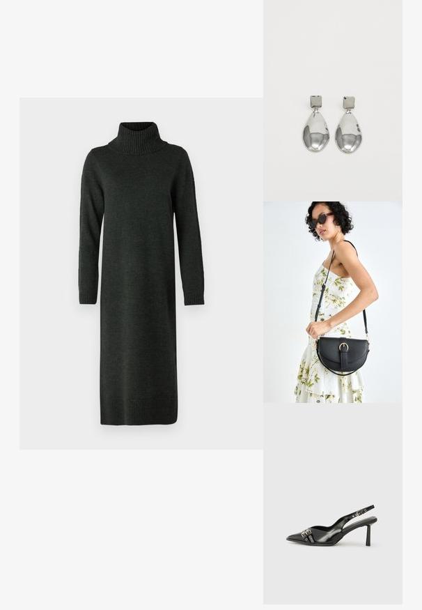 Vestido de malha com gola alta em verde escuro. Mangas longas com punhos canelados e gola canelada. Silhueta reta com um comprimento à altura do joelho.; Sapato slingback preto em pele patentada com bico apontado, tiras no tornozelo apresentando fivelas e acessórios prateados, e um salto elegante.; Bolsa de couro preta com forma curva, alça destacável e detalhes em dourado. A bolsa possui uma aba com detalhe de fivela.; Brincos de gota em prata com um pino quadrado, apresentando um acabamento liso e polido e uma forma de gota, refletindo a luz com uma superfície brilhante.