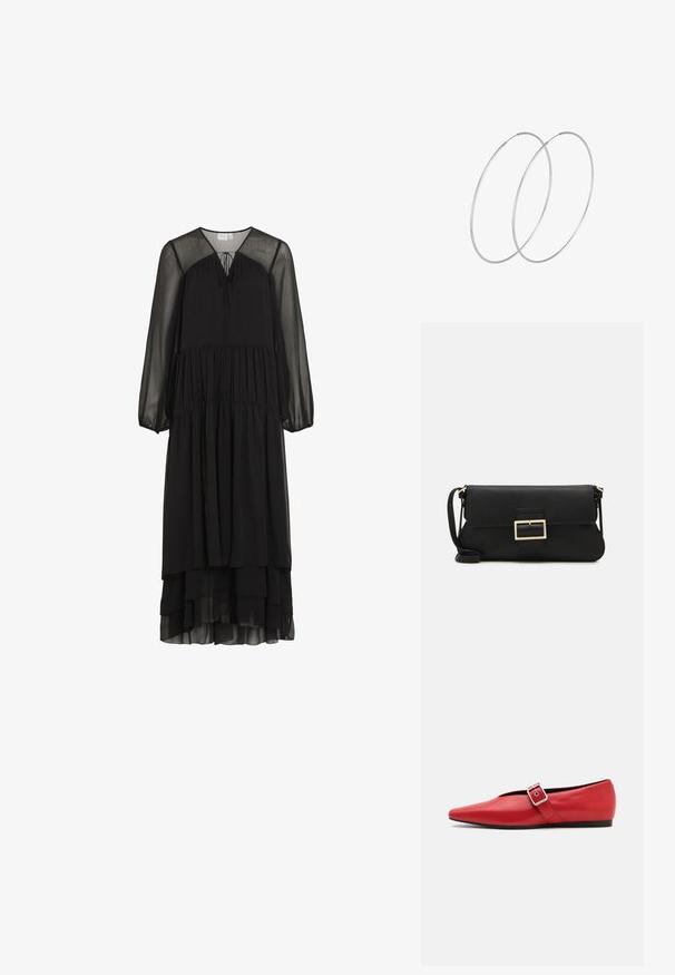Juodasis sluoksniuotas maksi suknelė, pagaminta iš lengvos medžiagos, su ilgomis rankovėmis ir V formos iškirpte. Suknelė turi raištelį iškirptėje.; Raudoni odiniai butai su smailiu pirštu, turintys šoninius dirželius su metaline sagtimi ir žemu juodu kulnu. Glotni tekstūra visame paviršiuje.; Juodas odinis dėkliukas su atvarteliu ir auksinės metalinės sagties detalėmis. Įeina juodas diržas ir elegantiškas, minimalistinis dizainas.; Sidabrinės pusmėnulio auskarai minimalistiniu dizainu. Apskritimo forma, lygus paviršius ir plonas profilis. Lengvi su poliruotu apdailu.