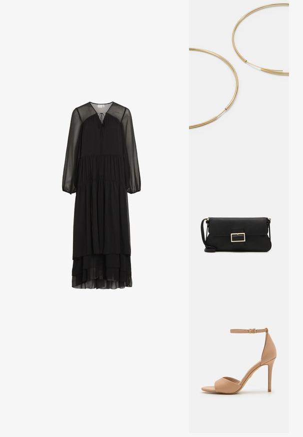 Čierna maxi sukňa s viacero vrstvami vyrobená z ľahkej látky, s dlhými rukávmi a výstrihom do V. Obsahuje šnúrku na krku.; ALDO CRERIDE PILLOW WALK - Sandále - beige; Čierna kožená clutch taška s klopou a zlatým kovovým detailom s prackou. Obsahuje čierny remienok a elegantný, minimalistický dizajn.; Zlaté kruhové náušnice, tenké a okrúhleho tvaru, s hladkým kovovým povrchom a bez ozdôb alebo vzorov.