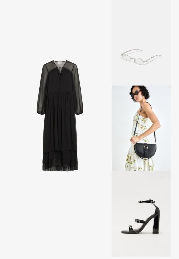 Fekete, réteges maxi ruha könnyű anyagból, hosszú ujjakkal és V-nyakkivágással. A nyaknál húzózsinór részlet található.; Fekete lakk magas sarkú szandál két csatos pánttal, négyzet alakú orral és tömzsi blokk sarokkal, sima, fényes felülettel.; Ovális szemüveg fém ezüst kerettel, átlátszó lencsékkel és texturált gyöngyös szárakkal. Könnyű kialakítás ívelt karokkal.; Fekete bőrtáska ívelt formával, levehető pánttal és arany színű fémrészekkel. A táskán egy csattal díszített fedél található.