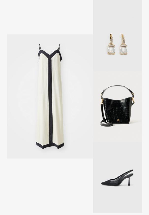 Maxi haljina bez rukava u krem boji s dubokim V-izrezom i crnim obrubima duž rubova i sprijeda. Izrađena od lagane tkanine.; Crna slingback cipela s visokim petom i špicastim vrhom, gornji dio od čipke i sjajni potplat. Ima prozirnu čipkastu ploču i tanku traku oko gležnja.; Crna torba od kože s uzorkom krokodila, zakrivljenog oblika, s zlatnim metalnim detaljima, podesivim remenom i logotipom sprijeda.; Zlatne naušnice s pravokutnim, prozirnim kristalom koji visi ispod niza malih, okruglih prozirnih akcenata. Elegantni, moderni dizajn.
