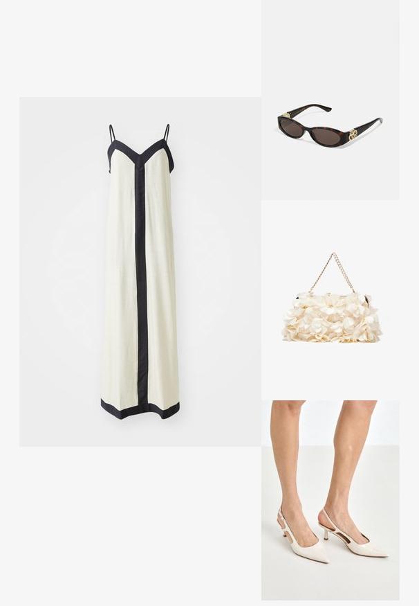 Ujjatlan maxi ruha krém színben, mély V-kivágással, fekete díszítéssel a széleken és elöl. Könnyű anyagból készült.; Beige patent bőr slingback magassarkúk hegyes orral és 5 cm-es sarokkal, kivágott oldalakkal és vékony bokapánttal.; Tortából készült napszemüveg, hosszúkás ovális lencsékkel, barna színű árnyalattal, arany logóval a fülkagylón, és karcsú fekete szárakkal.; Fehér virágmintás kézitáska gyűrt szövet felülettel, aranyszínű lánccal és fémetaljzattal. Textúrázott szirmokkal készült a részletesebb megjelenés érdekében.