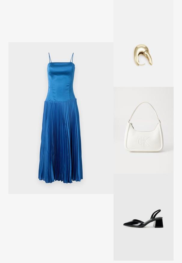 Kék selyemruha vékony pántokkal, testhezálló mellrésszel és pliszírozott szoknyával, bemutatva a könnyed textúrát és sima felületet.; Fekete lakk bőr szandálkés magas sarkú cipő, hegyes orral és geometrikus tömbsarkakkal. Karcsú, minimalista dizájn és sima textúra jellemzi.; Fehér bőrtáska ívelt formájú, elöl feltűnő "CK" logóval, egyetlen vállpánttal. Cipzáras zárás a tetején.; Aranyszínű fém fülbevaló, elegáns, ívelt formával. Különleges hegyes alak, fényes felszín és zsanéros záródás jellemzi.