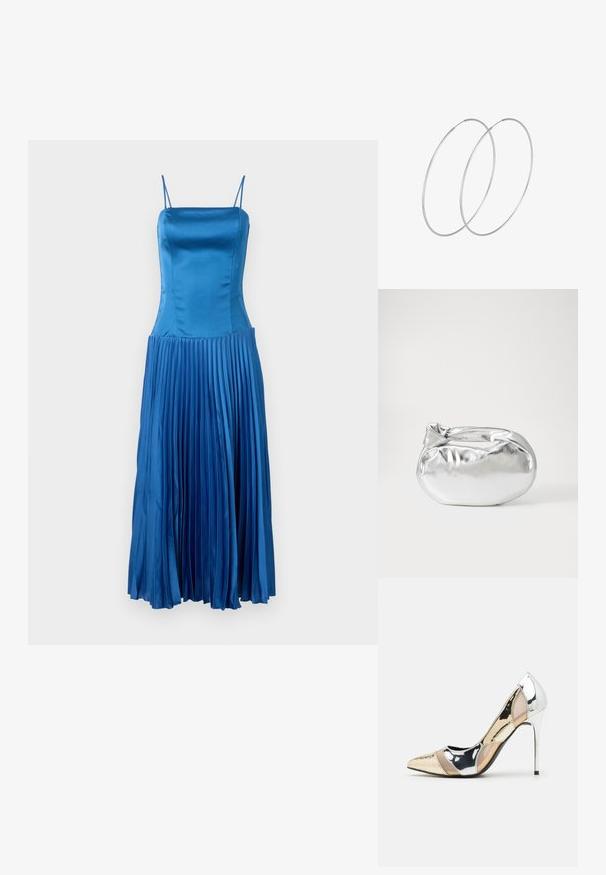Blaues Satin-Kleid mit dünnen Trägern, tailliertem Oberteil und plissiertem Rock, das eine leichte Textur und glatte Oberfläche präsentiert.; Spitz zulaufender High-Heel-Schuh in einer Farbgestaltung aus Silber, Gold und Nude. Glänzende Oberfläche mit Ausschnittdesign und stiletto Absatz.; Silberne metallic Pouch-Tasche mit einer sanften, abgerundeten Form und einem geknoteten Verschluss oben. Hergestellt aus glattem Kunstleder.; Silberne Creolen mit minimalistischem Design. Rundform, glatte Oberfläche und dünnes Profil. Leichtgewichtig mit hochglänzender Oberfläche.