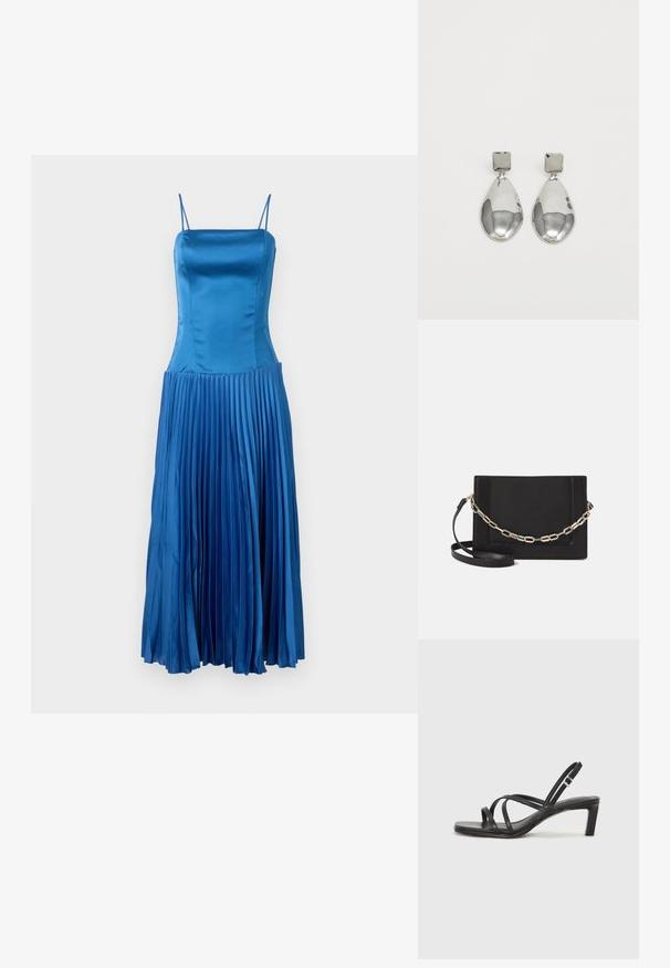 Rochie albastră din satin cu bretele subțiri, corset ajustat și fustă plisată, prezentând o textură ușoară și o suprafață netedă.; Sandal cu barete negre, cu vârf pătrat și toc mic de bloc. Prezintă mai multe barete subțiri și o bareta ajustabilă la gleznă. Fabricat din piele netedă.; Geantă de umăr din piele neagră, cu o textură netedă, formă rectangulară și un detaliu din lanț metalic în față. Include curea reglabilă.; Cercei din argint cu stud pătrat, având un finisaj neted și lustruit, într-o formă de lacrimă, care reflectă lumina cu o suprafață lucioasă.