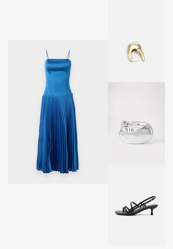 Sininen satiinikleidit ohuilla olkaimilla, tiukka vartalonmyötäinen bodice ja poimutettu hame, joka esittelee kevyen rakenteen ja sileän pinnan.; Musta korkeakorkoiset sandaalit, joissa on useita ristikko-nauhoja. Sileä materiaali, teräväkärkinen malli ja kapea korko. Säädettävä nilkkahihna soljella.; Hopeapintainen metallinen pussilaukku, jolla on pehmeä, pyöreä muoto ja solmittava yläosa. Valmistettu sileästä tekonahkamateriaalista.; Kultahipuinen korvakoru, jossa on sulavalinjainen, kaareva muotoilu. Ominaisuuksiin kuuluu erottuva terävä muoto, kiillotettu pinta ja sarana kiinnitys.