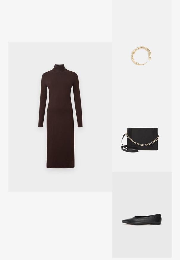Dolga rokavnica, turtleneck obleka temno rjave barve, oprijetega kroja, mehke teksture in do kolen, z gladkim zaključkom in brez vidnih vzorcev.; Črne usnjene balerinke, koničast toe, minimalističen dizajn, gladka tekstura, nizka peta, brez vidnih kovinskih delov ali okraskov.; Črna usnjena torba čez ramo z gladko teksturo, pravokotno obliko in kovinskim verižnim detajlom spredaj. Vključena je nastavljiva naramnica.; Zlati prstan s organskim, zvitim dizajnom, gladko površino in taperiranimi konci, ki ustvarja modernega, skulpturalnega videza.