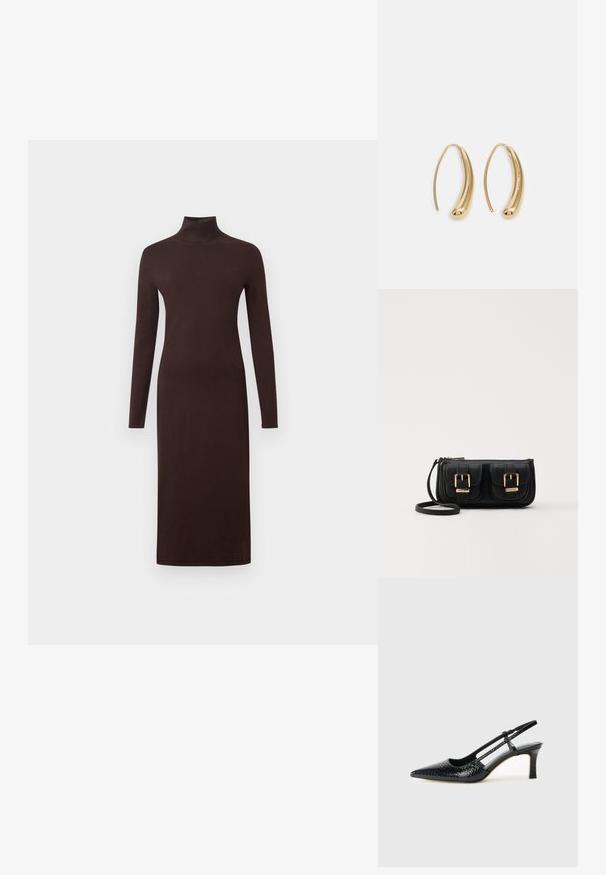 Robe à manches longues et col roulé en brun foncé, design ajusté, texture douce, longueur genoux, avec une finition lisse et sans motifs visibles.; Escarpin slingback en vernis noir avec un bout pointu, présentant un imprimé serpent texturé, une sangle réglable et un petit talon bloc texturé.; Sac en cuir noir porté en travers avec deux poches avant, boucles dorées, fermeture zippée et une sangle fine. Surface texturée et forme rectangulaire compacte.; Boucles d'oreilles en métal doré en forme d'anneau, avec une forme courbée et allongée. Elles présentent une surface lisse et brillante avec une pointe arrondie pour un détail supplémentaire.