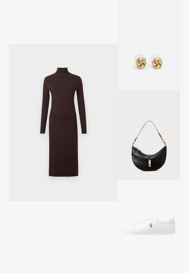 Abito a maniche lunghe con collo alto di colore marrone scuro, design aderente, texture morbida e lunghezza al ginocchio, con una finitura liscia e senza motivi visibili.; Sneakers in pelle bianca, design low-top, caratterizzati da una texture liscia, punta rotonda, chiusura con lacci e un piccolo logo ricamato sul lato.; Borsa a tracolla nera in pelle a forma di mezzaluna. Presenta un accento in metallo dorato e una tracolla sottile. Tessuto liscio, chiusura a cerniera nella parte superiore.; Orecchini a perno in tono oro con design intrecciato. Ogni orecchino presenta uno sfondo circolare trasparente per una vestibilità sicura.