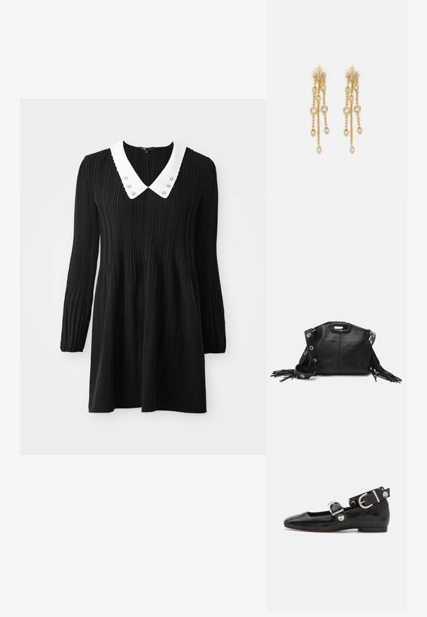 Svart langermet kjole med en hvit Peter Pan-krage med sydd kanter og dekorative detaljer. Laget av plissert stoff.; Sorte lakkderflat sko med firkantet tå, ankelstropp med sølvfarge detaljer, og flat såle. Glatt tekstur med minimalistisk design.; Maje MISS MINI - Skulderveske - noir; Gullfargede øreringer med flere hengende kjeder, med klare ovale rhinestein aksenter og dekorative stud-topper.