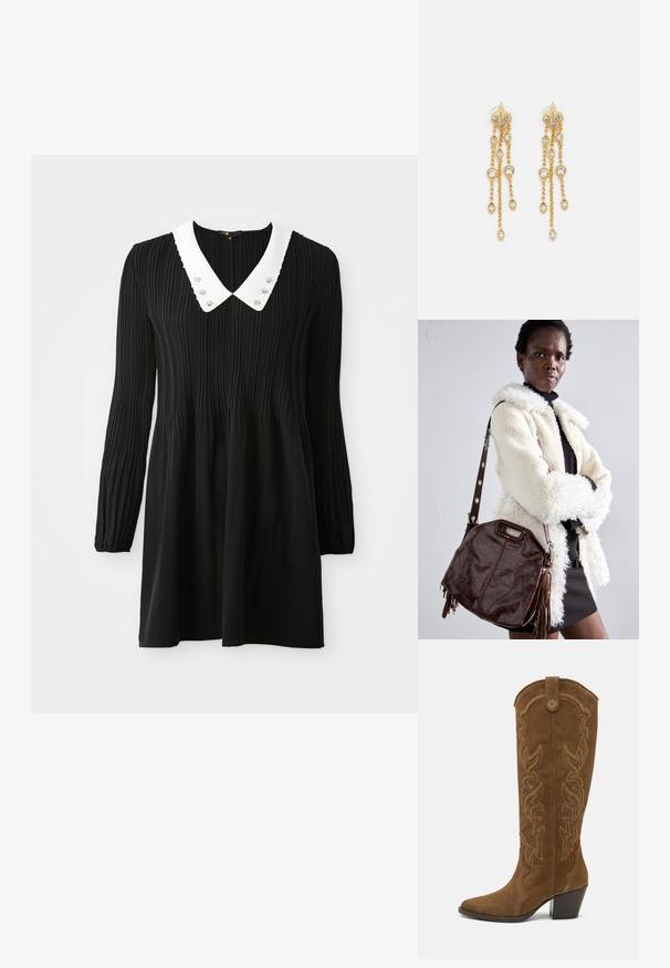Fekete, hosszú ujjú ruha, fehér Peter Pan gallérral, varrott szélekkel és díszítésekkel. Plissé anyagból készült.; Barna velúr térd fekvő csizma hegyes orral, tömbsarkúval és dekoratív, nyugati stílusú varrással a szár mentén.; Barna bőr kézitáska texturált felülettel, redőzött élekkel és oldalsó bojtokkal; levehető vállpánttal rendelkezik, fém díszítésekkel.; Aranyszínű fülbevalók, több zuhanó lánccal, tiszta ovális strasszköves díszítéssel és dekoratív fülbevaló tetejével.