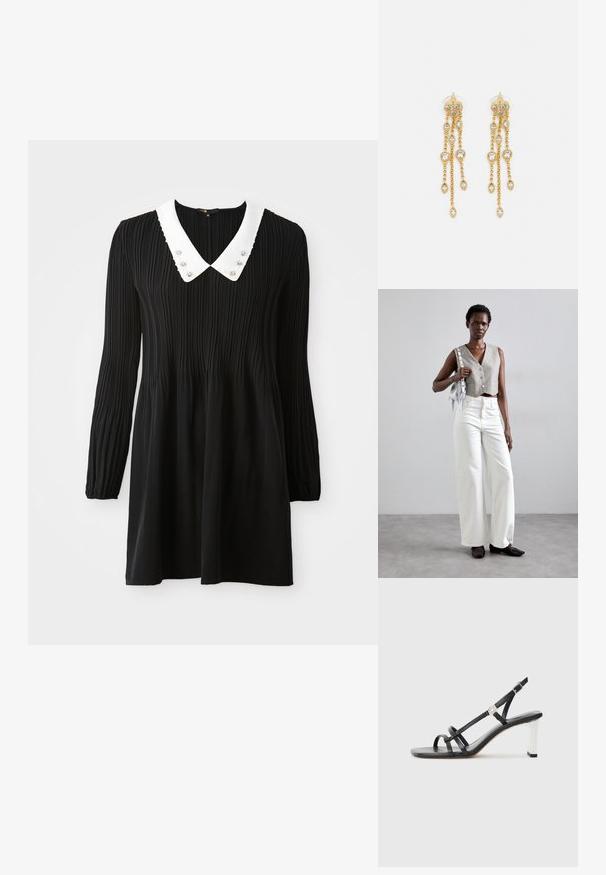 Svart långärmad klänning med en vit Peter Pan-krage med sydda kanter och dekorativa utsmyckningar. Tillverkad av en plisserad tyg.; Svarta klacksandaler med flera smala remmar, slingbackdesign och en silveraccent på klacken. Slät ovandel av material och fyrkantig klack.; Grå kortärmad väst med knappar, kombinerad med vita vida jeans och svarta platta skor. Accessoarer med en liten silverfärgad fransväska.; Guldtonade örhängen med flera fallande kedjor, prydda med klara ovala rhinestone-accenter och dekorativa stuvar.