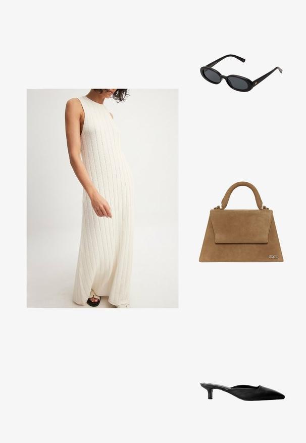 NA-KD Maxi šaty - offwhite; Čierne kožené muly na podpätku s špicatou špičkou, otvorenou zadnou časťou a nízkym blokovým podpätkom. Hladká textura s minimalistickým dizajnom.; Čierne oversized slnečné okuliare s oválnymi šošovkami, hladkým plastovým rámom a zlatými akcentmi na straniciach. Tmavé šošovky poskytujú ochranu pred slnkom.; Hnedá semišová kabelka so štruktúrovaným trojuholníkovým tvarom, hornou rúčkou a uzáverom na klopu. Disponuje jemným logom na boku.