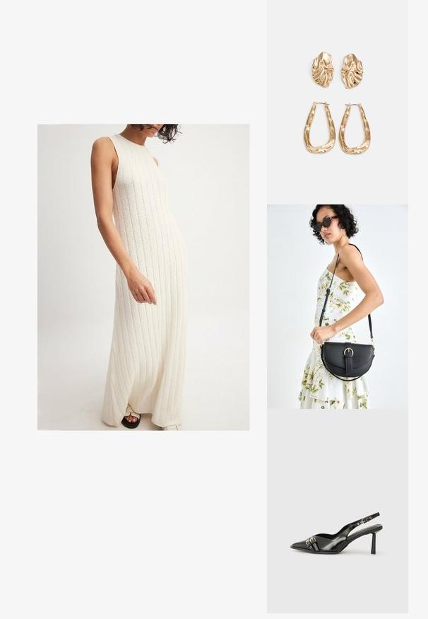 NA-KD Maksikleit - offwhite; Must musta nahk kingad sanga ja terava ninaga, ankle strapidega, millel on hõbedased pandlad ja riistvara ning õhuke konts.; Mustmust mustraha kõverate joontega, eemaldatava rihmaga ja kuldsete detailidega. Kotil on klapp, millel on pandladetail.; Kuldse värvi kõrvarõngad, mis on kaunistatud tekstuursete ja laineliste kujunditega. Komplektis on skulpturaalsed klamber kõrvarõngad ja avatud rõngasdisain, millel on lõhestatud viimistlus.