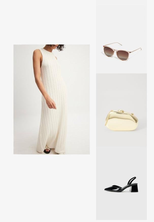 NA-KD Dolga obleka - offwhite; Črne lakirane slingback pete s koničastim nosom in geometrijsko blokasto peto. Imajo eleganten, minimalističen dizajn in gladko teksturo.; Rjavi gradient sončna očala s prozornim roza okvirjem, kvadratne oblike in tankimi kovinskimi ročaji. Imajo zaobljene robove in minimalne detajle.; Metalna zlata torbica z gladko, zaobljeno obliko, opremljena z zgornjim gumbom in majhnim verižnim ročajem za nošenje.