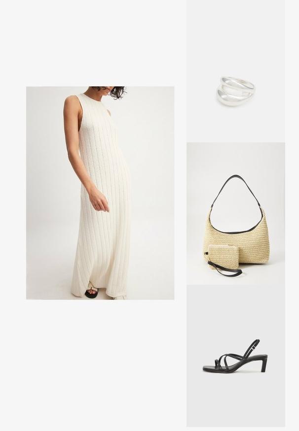 NA-KD Maksi suknelė - offwhite; Juodi šlepetės su kvadratiniu pirštu ir žemu bloku kulnu. Yra keli ploni dirželiai ir reguliuojamas kulkšnies diržas. Pagaminti iš lygios odos.; Austo pynimo šiaudinio rankinio krepšio su kreiviu siluetu, su glotnia juoda odine rankena ir atitinkamu mažu maišeliu, pritvirtintu prie riešo juostos.; Sidabrinis dvigubas žiedas su lygiu, poliruotu paviršiumi. Pasižymi sklandžiu, kreiptu dizainu su persipinančiomis dalimis, suteikiančiomis modernų išvaizdą.
