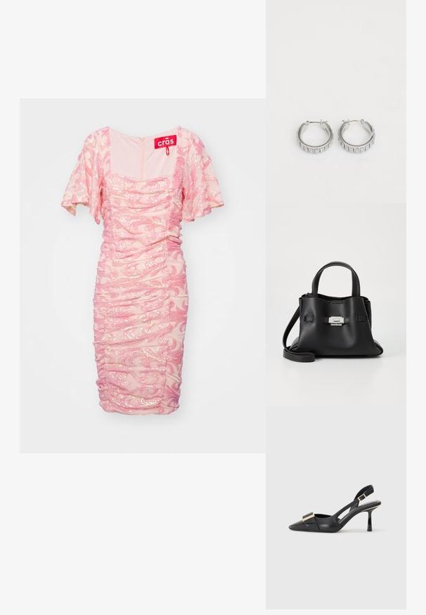 Rosa dräkt med rynkade detaljer och korta ärmar, utsmyckad med paljetterade virvlar, med fyrkantig halsringning och dragkedja bak.; Svart läder slingback-sko med spetsig tå, smal klack och guldfärgad detalj på vampen. Slät textur och strukturerad design.; Svart läderhandväska med en texturerad yta, utrustad med två ovandelar, en avtagbar axelrem och en detalj med silverlås.; Silverfärgade hoopörhängen med en texturerad design som har vertikala räfflor. Cirkelformade med ett säkert lås. Slät yta.