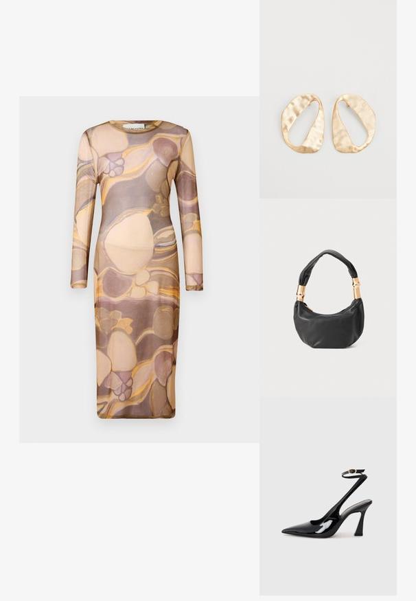 Langärmliges, figurbetontes Kleid aus durchsichtigem, leichtem Stoff mit einem abstrakten Muster in Beige-, Braun- und Goldtönen.; Schwarze Lackleder-Slingbacks mit spitz zulaufender Zehenpartie, verstellbarem Knöchelriemen und moderatem Blockabsatz. Glatte Textur mit glänzender Oberfläche.; Schwarze Lederhandtasche mit runder Form, weicher Textur und einem geknoteten Griff mit goldfarbenen Hardware-Akzenten. Reißverschlussverschluss.; Ein Paar unregelmäßige, oval geformte Ohrringe aus goldfarbenem Metall mit einer strukturierten, leicht gehämmerten Oberfläche auf weißem Hintergrund.