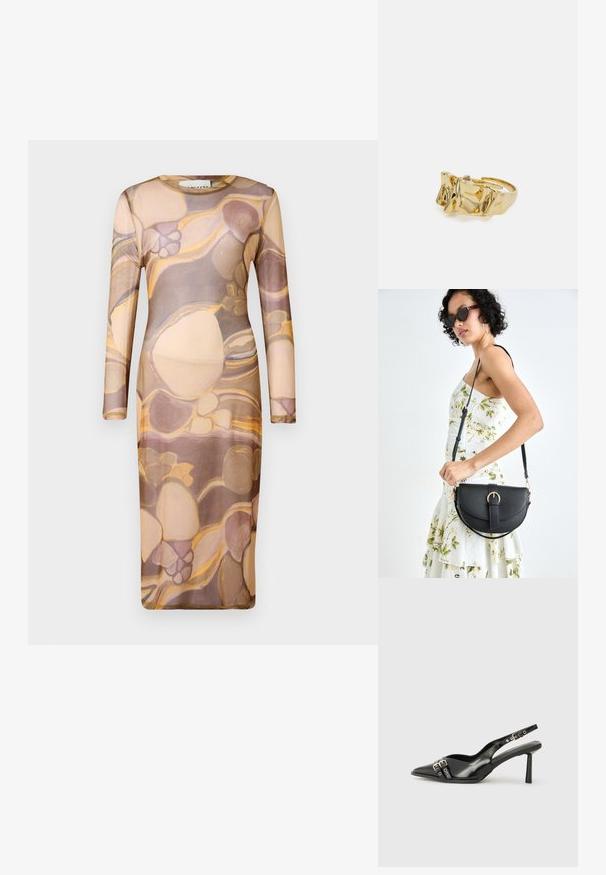Dolga sleeveless, oblikovana obleka iz prosojne, lahke tkanine z abstraktnim vzorcem v bež, rjavi in zlatih odtenkih.; Črne patentne usnjene sandale s koničastim nosom, zankami okoli gležnja s srebrnimi sponkami in opremo ter vitkimi petami.; Črna usnjena torbica s ukrivljeno obliko, z odstranljivo naramnico in zlatimi dodatki. Torbica ima pokrov s podrobnostmi v obliki zaponke.; Zlati prstan z teksturiranim, valovitim dizajnom, ki ima tri izrazite vrhove. Gladka, sijoča površina z odprtim pasom za prilagodljivo prileganje.