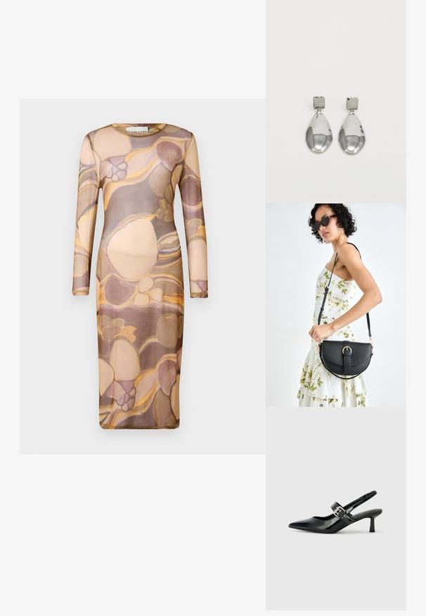 Długo rękawowa, dopasowana sukienka wykonana z przezroczystego, lekkiego materiału, zdobiona abstrakcyjnym wzorem w odcieniach beżu, brązu i złota.; Czarne lakierowane szpilki slingback z wąskim noskiem i małym słupkiem, z ozdobnym srebrnym klamrą na pasku.; Czarna skórzana torebka o zakrzywionym kształcie, z odpinanym paskiem i złotymi akcentami. Torebka posiada klapę z zapięciem w kształcie klamry.; Srebrne kolczyki w kształcie kropli z kwadratowym sztyftem, cechujące się gładkim, polerowanym wykończeniem oraz kształtem łzy, odbijające światło dzięki błyszczącej powierzchni.