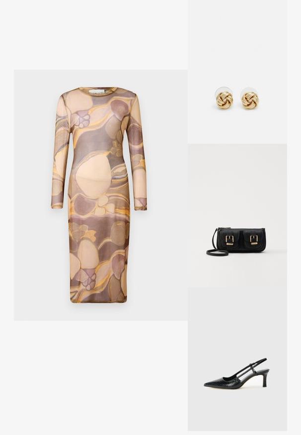 Długo rękawowa, dopasowana sukienka wykonana z przezroczystego, lekkiego materiału, zdobiona abstrakcyjnym wzorem w odcieniach beżu, brązu i złota.; Czarne lakierowane czółenka na obcasie typu slingback z wąskim noskiem, z teksturowanym wzorem wężowym, regulowanym paskiem oraz krótkim, teksturowanym obcasem w kształcie słupka.; Czarna skórzana torba na ramię z dwoma przednimi kieszeniami, złotymi klamrami, zamkiem błyskawicznym i cienkim paskiem. Teksturowana powierzchnia i kompaktowy prostokątny kształt.; Złote kolczyki w kształcie węzła z twisted design. Każdy kolczyk posiada okrągłe, przezroczyste oparcie zapewniające pewność noszenia.