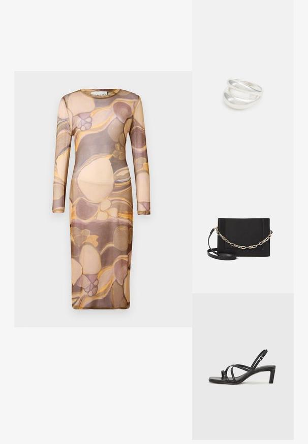 Mekko, jossa on pitkät hihat ja joka on muotoonommeltu, kevyt ja läpikuultava kangas, jossa on abstrakti kuvio beige, ruskea ja kultainen sävy.; Mustat hihnalligat, joissa on neliön muotoinen kärki ja matala lohkokorko. Ominaisuuksiin kuuluu useita ohuita hihnoja ja säädettävä nilkkahihna. Valmistettu sileästä nahasta.; Musta nahkainen olkalaukku, jossa on sileä pinta, suorakulmainen muoto ja metalliketju yksityiskohtana edessä. Mukana säädettävä hihna.; Hopeinen kaksinkertainen rengas, jossa on sileä, kiillotettu pinta. Siinä on sulava, kaareva muotoilu, jossa on päällekkäisiä osia modernin ilmeen saavuttamiseksi.