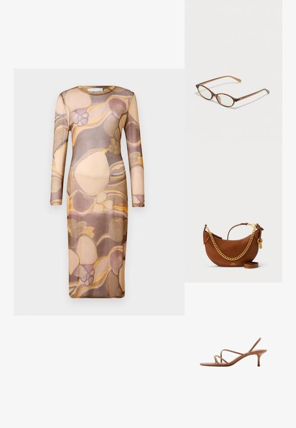 Rochie cu mânecă lungă, ajustată, dintr-un material subțire și transparent, având un model abstract în nuanțe de bej, maro și auriu.; Sandalie maro cu barete, design minimalist. Prezintă un toc subțire și o talpă plată, fabricate dintr-un material neted cu barete fine.; Ochelari în nuanță de țestoasă maro, cu lentile ovale, brațe subțiri și accente transparente. Prezintă un logo subtil pe tâmplă. Design elegant și ușor.; Geantă de piele maro cu un design curbat, curea cu lanț auriu, buzunar interior și curea de umăr detașabilă. Dispune de cusături contrastante.