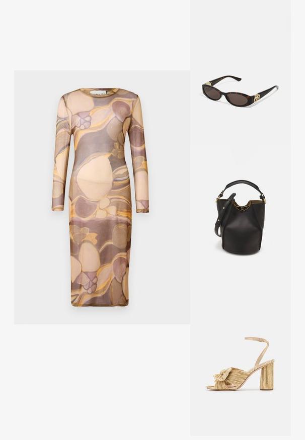 Long-sleeved, form-fitting dress made of sheer, lightweight fabric featuring an abstract pattern in beige, brown, and gold hues.; Gold heeled sandals with a knotted front, pleated texture, and an ankle strap. The block heel has a ribbed design, enhancing grip.; Tortoiseshell sunglasses with elongated oval lenses, brown tint, gold logo accents on temples, and sleek black arms.; Black leather bucket bag with a textured finish, gold hardware accents, and an open top. Features a short handle and adjustable shoulder strap.