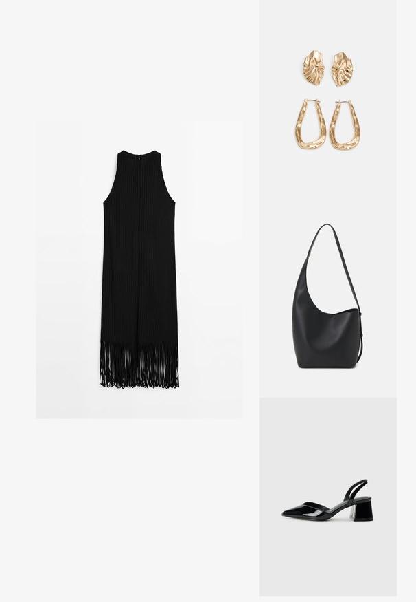 Černé žebrované šaty s vysokým výstřihem a třásňovým lemem, se zapínáním na zip na zádech a těsným střihem.; Černé lakované kožené lodičky na pásku s špičatou špičkou a geometrickým blokovým podpatkem. Vyznačují se elegantním, minimalistickým designem a hladkým povrchem.; Černá kožená hobo taška s hladkým povrchem, zakřiveným tvarem a jedním nastavitelným popruhem; má široké otevírání nahoře.; Náušnice ve zlatém tónu s texturovanými, vlnitými tvary. Obsahují sochařské klipy a design otevřeného kruhu s kladivkovým povrchem.