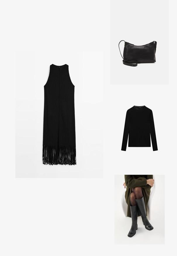 Černé žebrované šaty s vysokým výstřihem a třásňovým lemem, se zapínáním na zip na zádech a těsným střihem.; Černé dlouhé tričko s rukávy vyrobené z bavlny, s kulatým výstřihem a hladkou texturou. Minimalistický design bez vzorů nebo akcentů.; Černé kožené boty po kolena s hranatou špičkou a blokovým podpatkem, předvedené na modelce sedící v olivově zeleném kabátu. Hladký povrch, minimalizované detaily.; Černá kožená taška přes rameno s hladkým povrchem, zakřiveným tvarem, nastavitelným popruhem a zipovým uzávěrem. Minimalistický design bez zdobení.