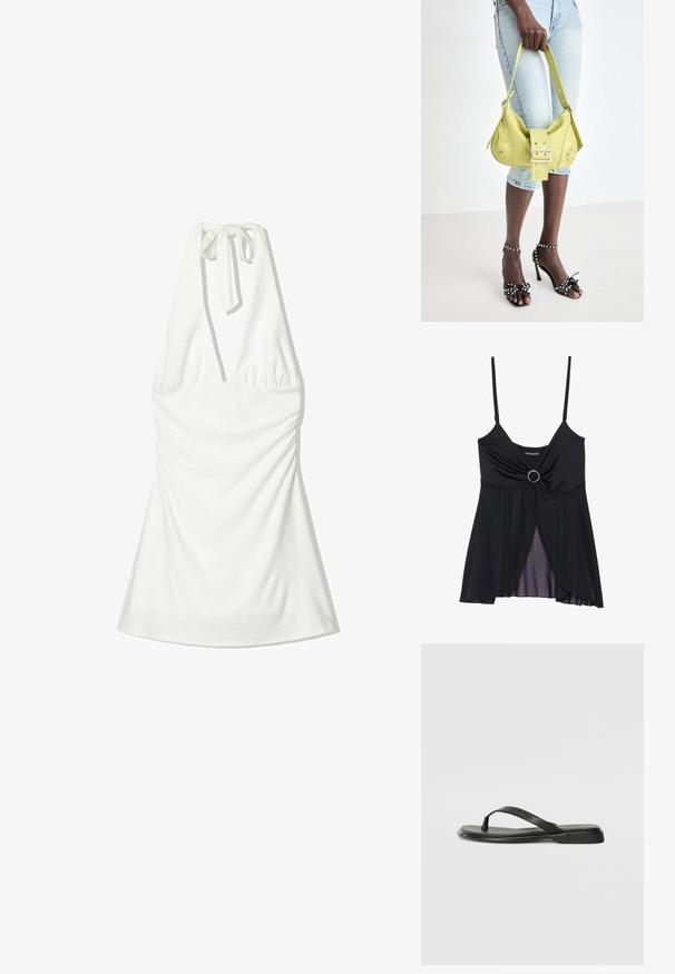 Bílý halter top s vázáním za krkem, se sešitým materiálem na těle a splývavým spodním dílem. Hladká textura bez vzorů nebo akcentů.; Černá tílko s tenkými ramínky, designem se zkrouceným uzlem a centrálním kroužkovým akcentem, a průhledným vrstveným lemem. Vyrobeno z lehkého materiálu.; Černé žabky vyrobené z hladké kůže, s tenkým designem popruhu a plochou podrážkou s minimálním profilem. Žádné výrazné vzory ani akcenty.; Žlutá perforovaná kabelka s detaily přezky a nastavitelným popruhem, spárovaná s denimovými šortkami a černými sandály na vysokém podpatku s mašlemi.